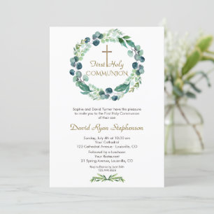 Invitación Charm Eucalyptus Foliage Cross Boy Santa Comunión