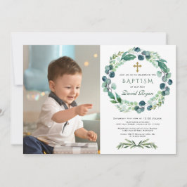 Invitación Charm Eucalyptus Foliage Wreath Boy Photo Baptism