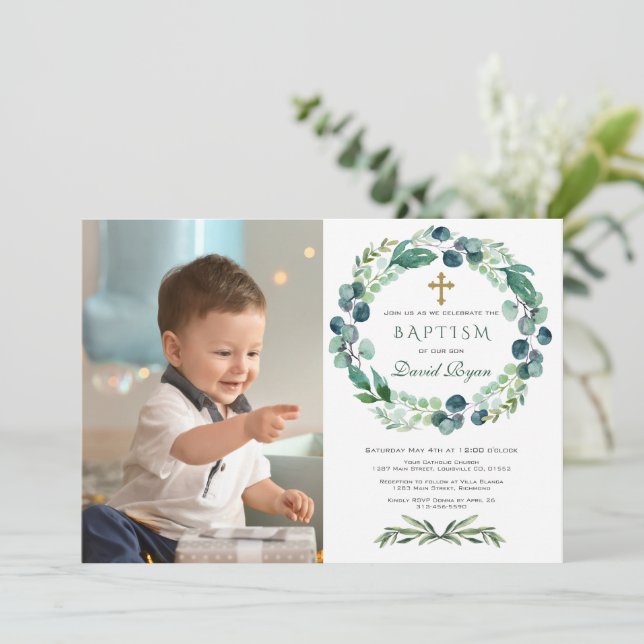 Invitación Charm Eucalyptus Foliage Wreath Boy Photo Baptism (Anverso de pie)