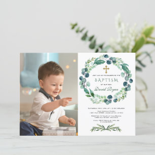 Invitación Charm Eucalyptus Foliage Wreath Boy Photo Baptism