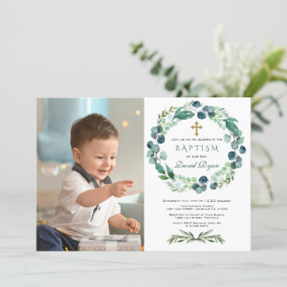 Invitación Charm Eucalyptus Foliage Wreath Boy Photo Baptism