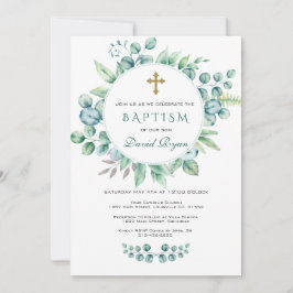 Invitación Charm Eucalyptus Greenery Wreath Cross Boy Baptism