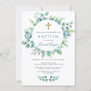 Invitación Charm Eucalyptus Greenery Wreath Cross Boy Baptism