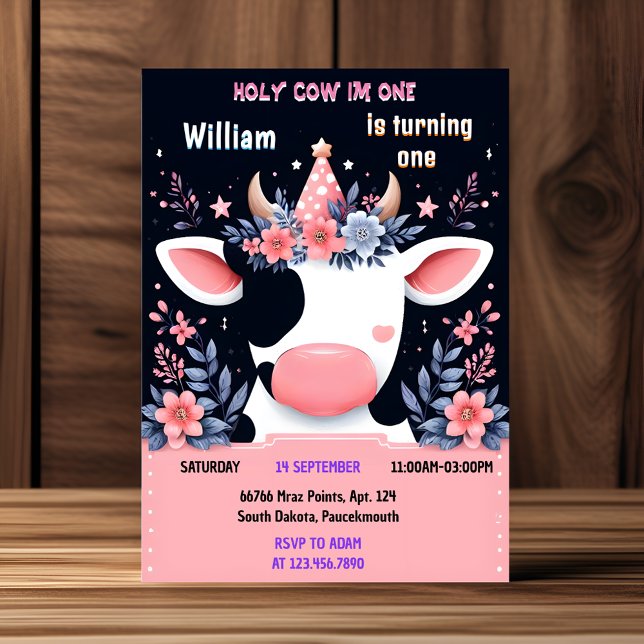 Invitación Charm Farm Cute Floral Pink Holy Cow 1º cumpleaños (Subido por el creador)