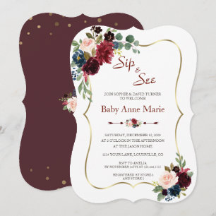 Invitación Charm Gold Burgundy Floral Sip & See Baby Shower
