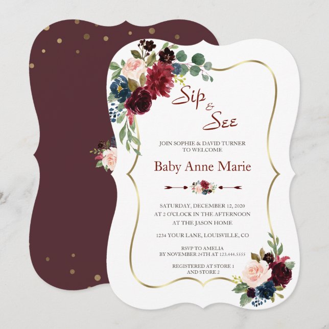 Invitación Charm Gold Burgundy Floral Sip & See Baby Shower (Anverso / Reverso)