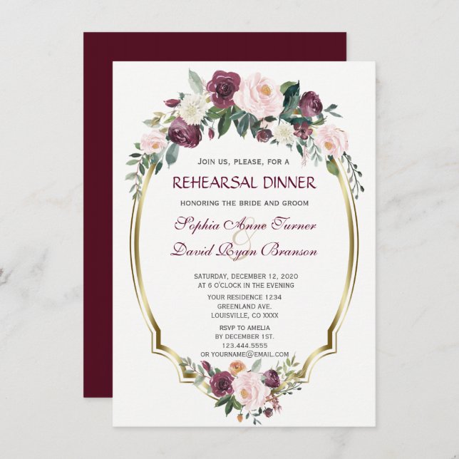 Invitación Charm Gold Burgundy Rubor Ensayos florales Cena (Anverso / Reverso)