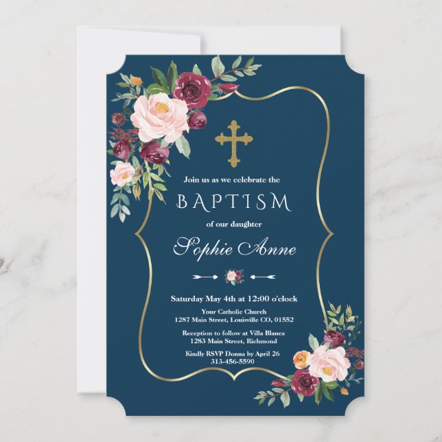 Invitación Charm Gold Burgundy Rubor Floral Navy Bautismo Azu (Anverso)