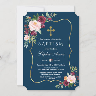Invitación Charm Gold Burgundy Rubor Floral Navy Bautismo Azu