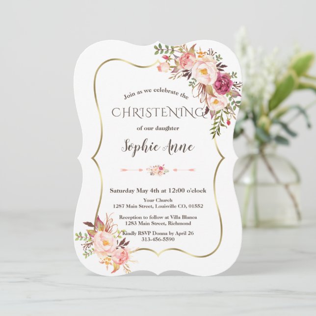 Invitación Charm Gold Frame Rubor Pink Floral Christening (Anverso de pie)