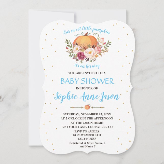 Invitación Charm Gold Little Pumpkin Rubor Floral Baby Shower (Anverso)