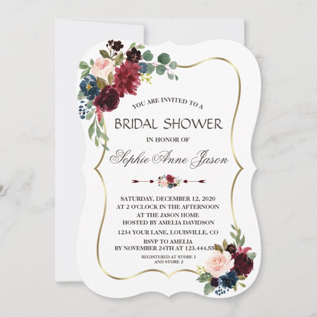 Invitación Charm Gold Merlot Marina Blue Floral Bridal Shower (Anverso)