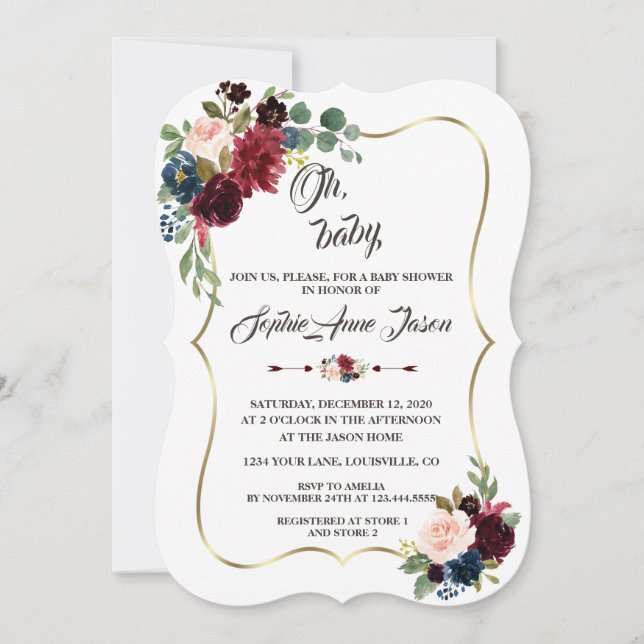 Invitación Charm Gold Merlot Navy Blue Floral Baby Shower (Anverso)