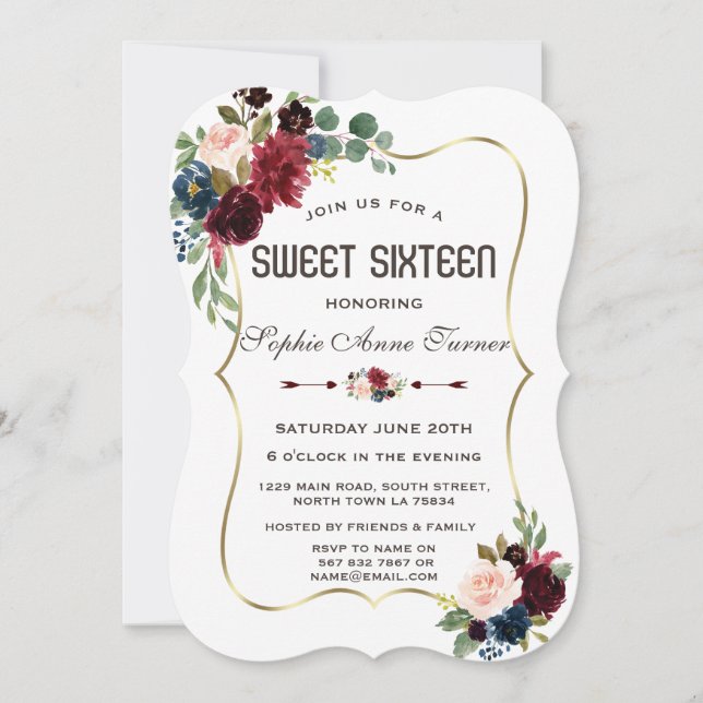 Invitación Charm Gold Merlot Navy Blue Floral Sweet 16 (Anverso)