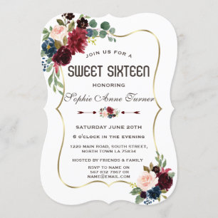 Invitación Charm Gold Merlot Navy Blue Floral Sweet 16