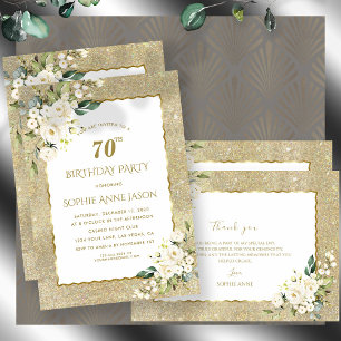 Invitación Charm Gold Purpurina Flores Blancas 70 cumpleaños