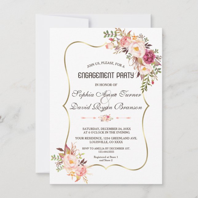 Invitación Charm Gold Rubor Pink Floral Engagement Party (Anverso)