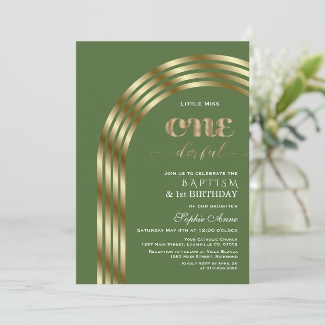 Invitación Charm Gold Sap Green Chica Primer Cumpleaños y Bau (Anverso de pie)