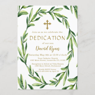 Invitación Charm Greenery deja a Wreath Gold Boy Dedicación