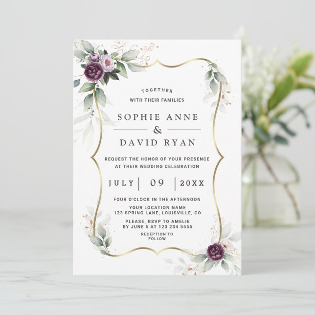 Invitación Charm Greenery Purple Pink Floral Gold Boda (Anverso de pie)