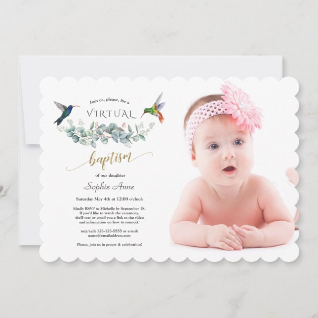 Invitación Charm Hummingbird Chica de fotos con flores bautis (Anverso)