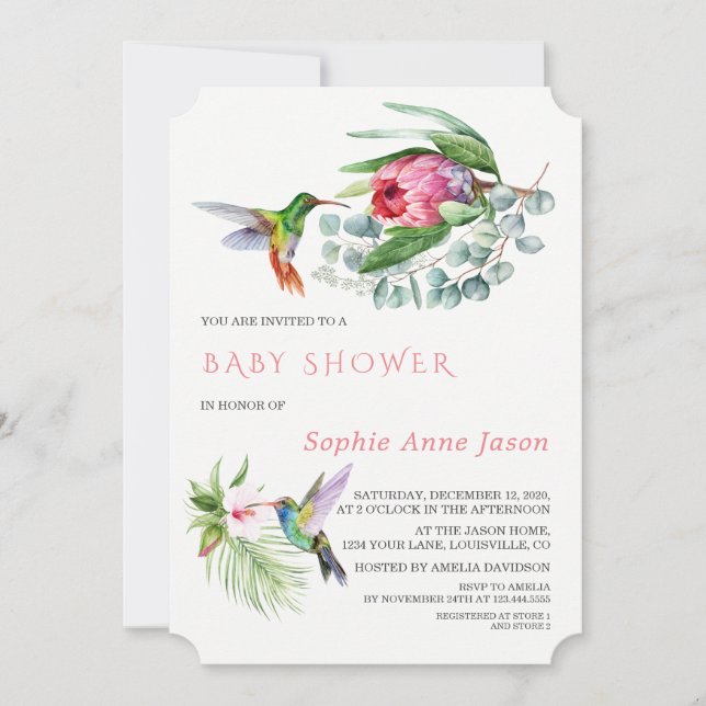 Invitación Charm Hummingbird Tropical Flowers Baby Shower (Anverso)