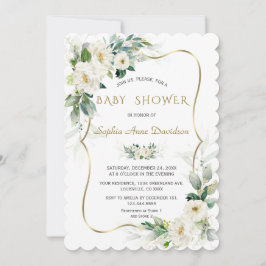 Invitación Charm Ivory White Flowers Gold Frame Baby Shower