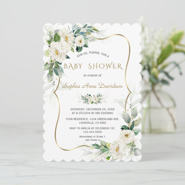 Invitación Charm Ivory White Flowers Gold Frame Baby Shower (Anverso de pie)