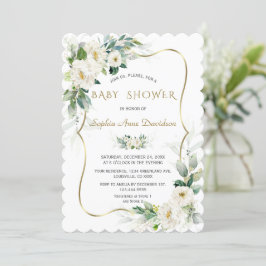 Invitación Charm Ivory White Flowers Gold Frame Baby Shower