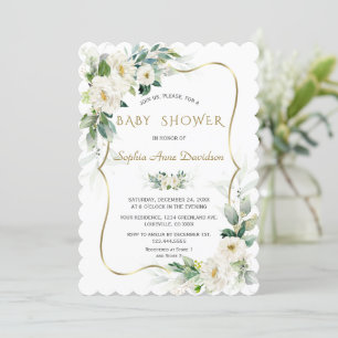 Invitación Charm Ivory White Flowers Gold Frame Baby Shower