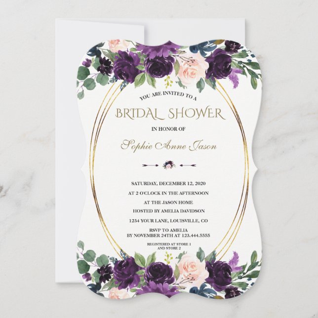 Invitación Charm Lavanda Azul Marino Flores Baño Nupcial (Anverso)