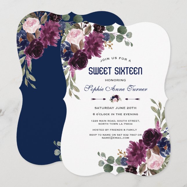 Invitación Charm Lavender Navy Blue Floral Bloom Sweet 16 (Anverso / Reverso)