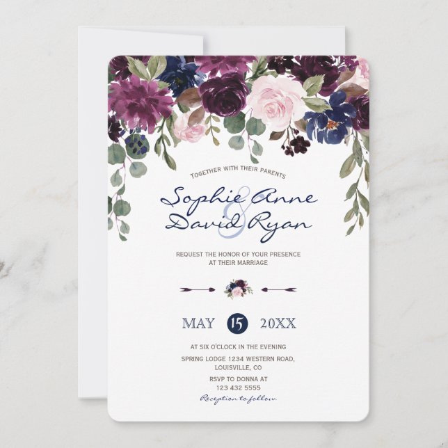 Invitación Charm Lavender Navy Blue Floral Bloom Wedding (Anverso)