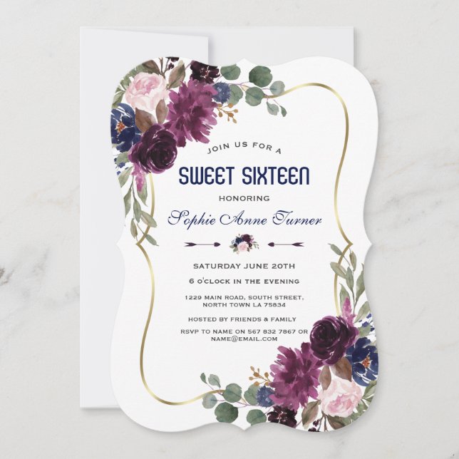 Invitación Charm Lavender Navy Gold Floral Bloom Sweet 16 (Anverso)