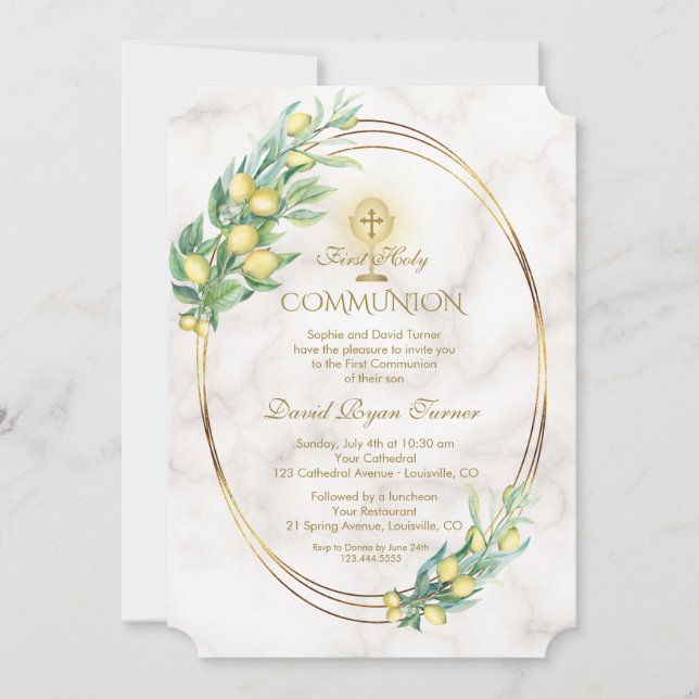 Invitación Charm Lemon Branches Marble Gold Comunión (Anverso)