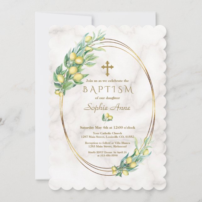 Invitación Charm Lemon Fruits Marble Gold Cross Baptism (Anverso)