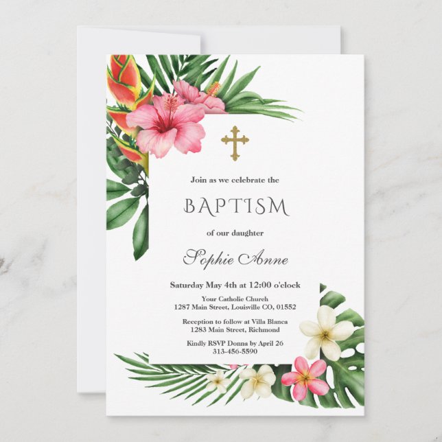 Invitación Charm Luau Tropical Hibiscus Bautismo Floral (Anverso)