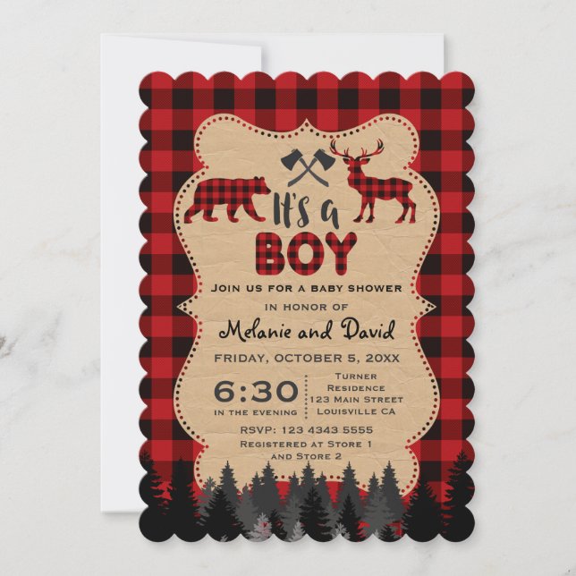Invitación Charm Lumberjack Red Buffalo Boy Baby Shower (Anverso)