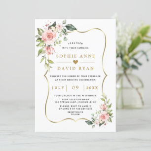 Invitación Charm Luxury Pink Rubor Flores Gold Boda