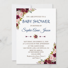 Invitación Charm Marsala Floral Fall Naval Azul Baby Shower