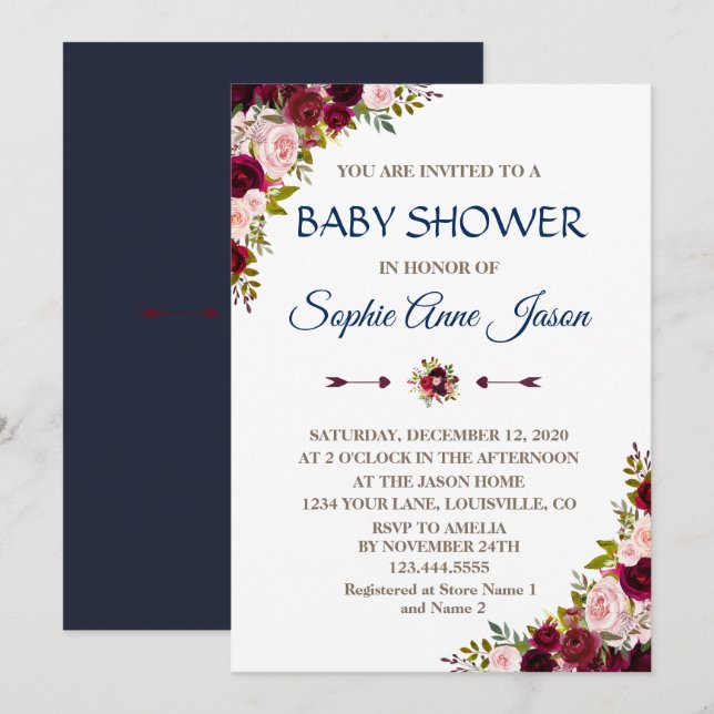 Invitación Charm Marsala Floral Fall Naval Azul Baby Shower (Anverso / Reverso)