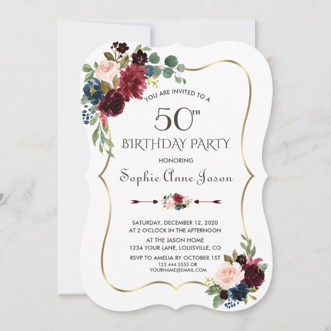 Invitación Charm Merlot Floral Azul 50 cumpleaños (Anverso)