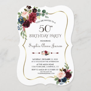 Invitación Charm Merlot Floral Azul 50 cumpleaños