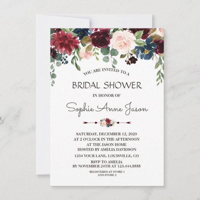 Invitación Charm Merlot Navy Blue Floral Bridal Shower (Anverso)