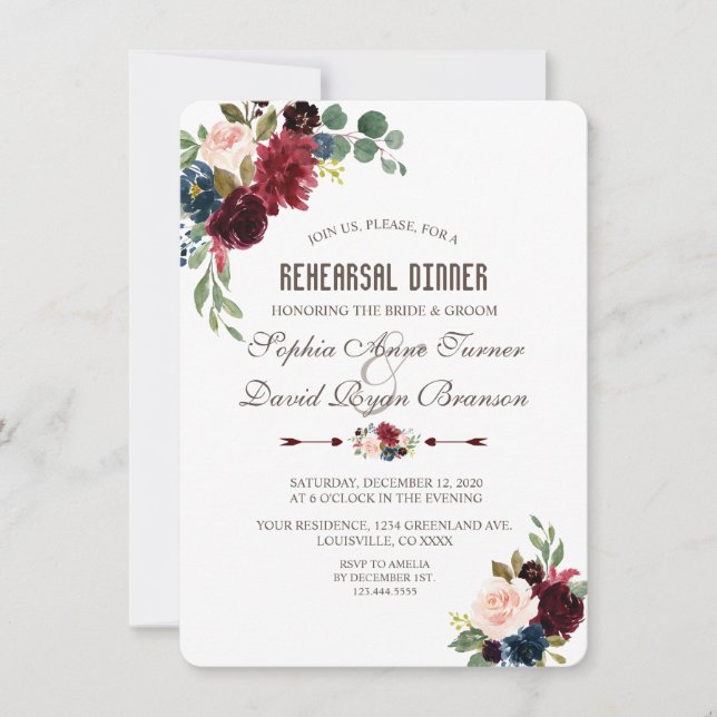 Invitación Charm Merlot Navy Blue Floral Ensayo Cena (Anverso)