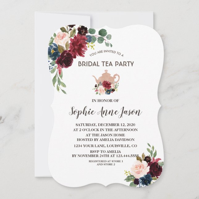 Invitación Charm Merlot Navy Floral Bridal Shower Tea Fiesta (Anverso)
