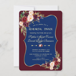Invitación Charm Navy Blue Burgundy Ensayo Floral Cena