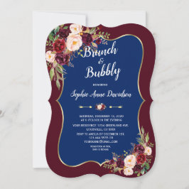 Invitación Charm Navy Blue Burgundy Floral Brunch & Bubbly