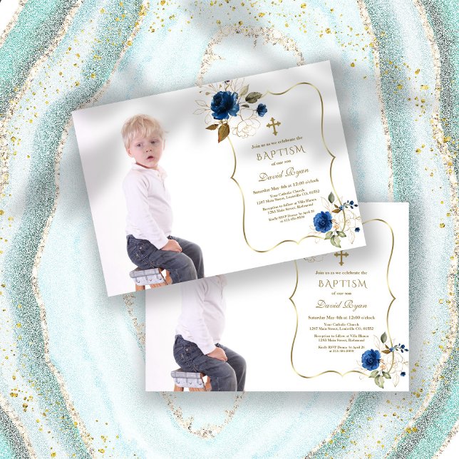 Invitación Charm Navy Blue Floral Gold Boy Foto Bautismo (blue flowers boy photo baptism, trendy blue floral photo baptism, blue gold boy photo baptism)