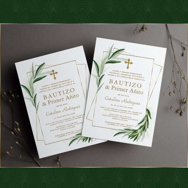 Invitación Charm Olive Gold Chica español Primer bautismo de  (Subido por el creador)